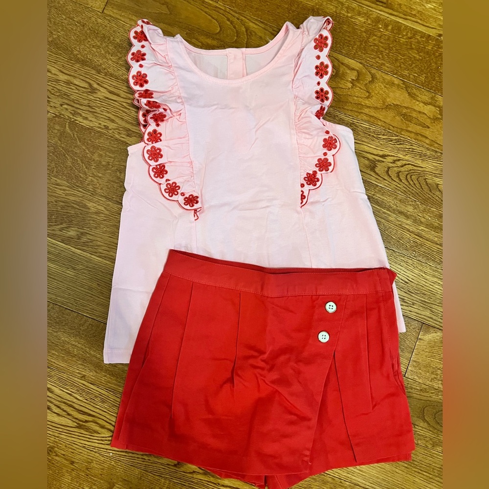 Girls Pink & Red Matching Set - Floral Ruffle Tank & Red Skort